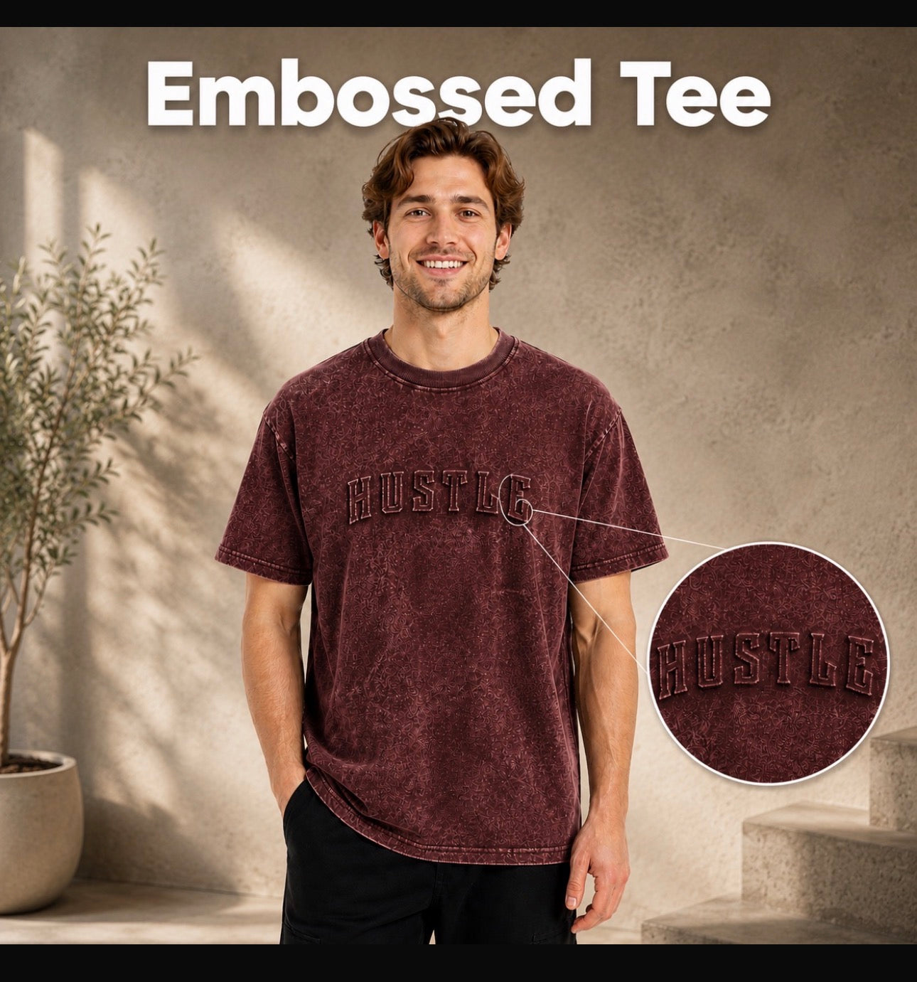 Embossed Hustle Oversized Acid Wash T-Shirt